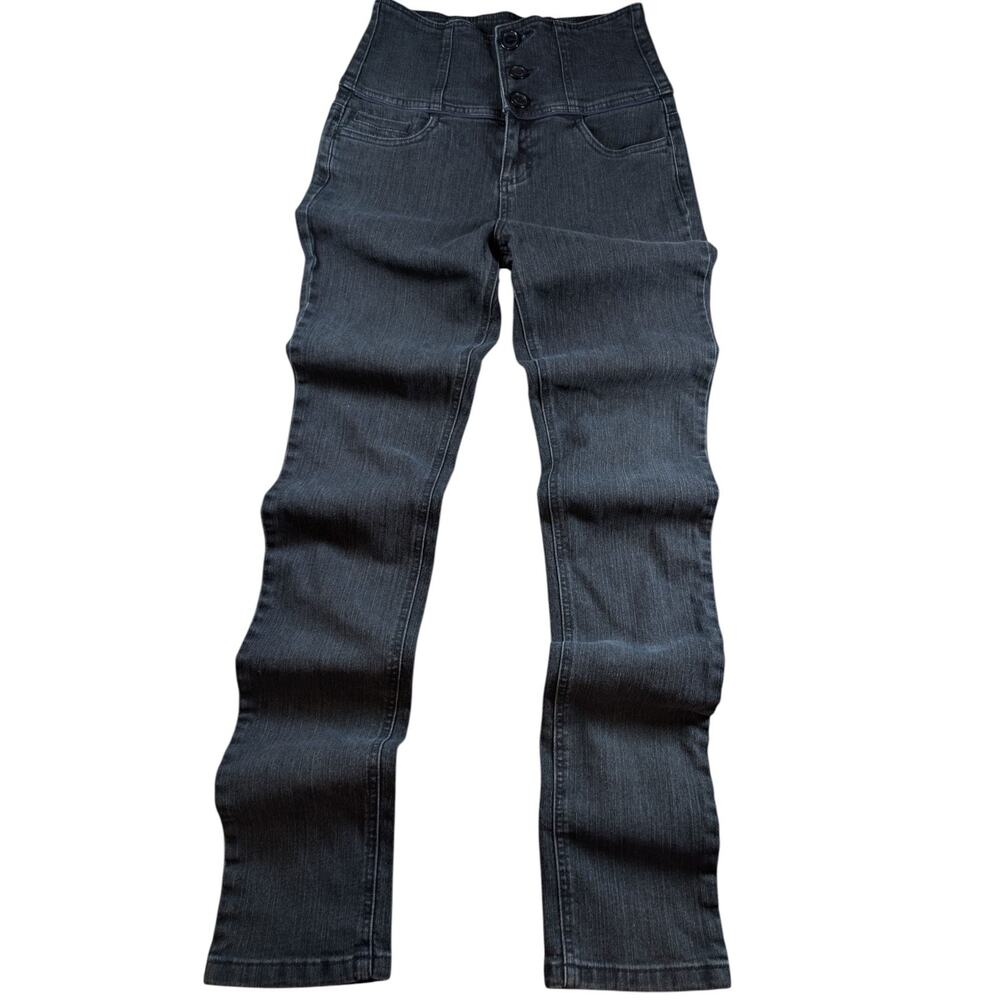 YouNique Women's High Rise Three Button Jeans Black Straight Leg Size 7